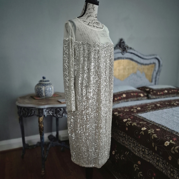 NWT R&M Richards Shimmering Silver Sequin Gown Size 14 - Picture 3 of 9